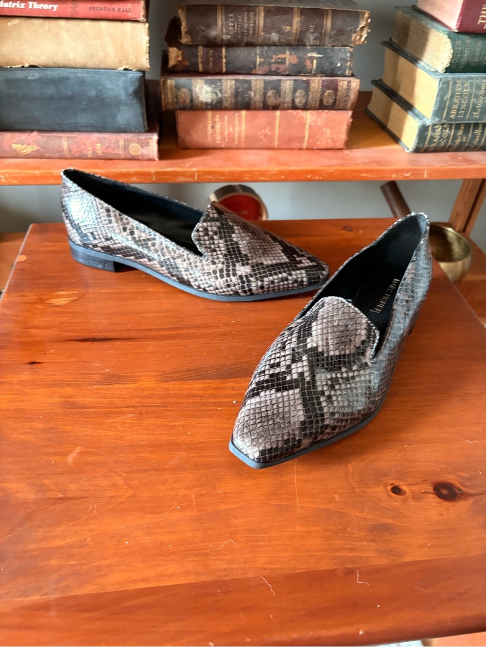Marc Fisher Womens Pointed Python-Print Loafers in Gray and Black